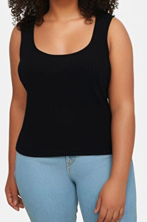 Moda Büyük Beden Kare Yaka Örme Slim Düz Desen Sportswear Regular Askılı Kol Bluz