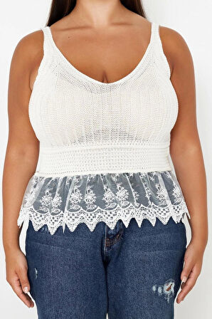 Moda Büyük Beden V Yaka Triko Fit Ajurlu Desen Casual Günlük Regular Askılı Kol Bluz