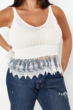 Moda Büyük Beden V Yaka Triko Fit Ajurlu Desen Casual Günlük Regular Askılı Kol Bluz