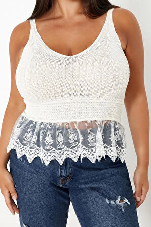 Moda Büyük Beden V Yaka Triko Fit Ajurlu Desen Casual Günlük Regular Askılı Kol Bluz