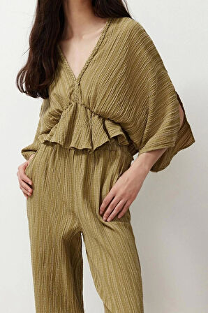 Moda V Yaka Dokuma Regular Düz Desen Casual Günlük Regular Kısa Kol Bluz