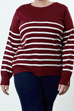 Büyük Beden Kadın Modern Tarz Rahat Uzun Bisiklet Yaka Çizgili Kol Regular Triko Kazak