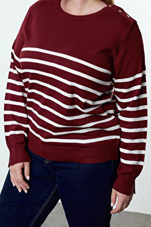 Büyük Beden Kadın Modern Tarz Rahat Uzun Bisiklet Yaka Çizgili Kol Regular Triko Kazak