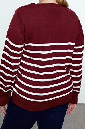 Büyük Beden Kadın Modern Tarz Rahat Uzun Bisiklet Yaka Çizgili Kol Regular Triko Kazak