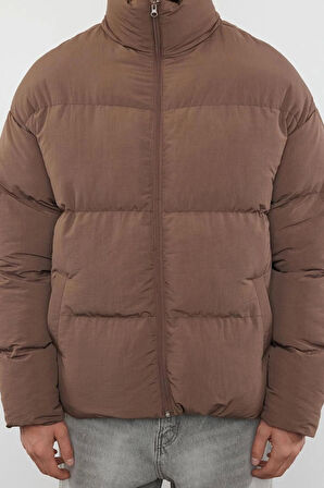 Tasarım Düz Astarlı Yaka Standart Bol Dik Unisex Oversize Fit Dik Yaka Şişme Kışlık Mont