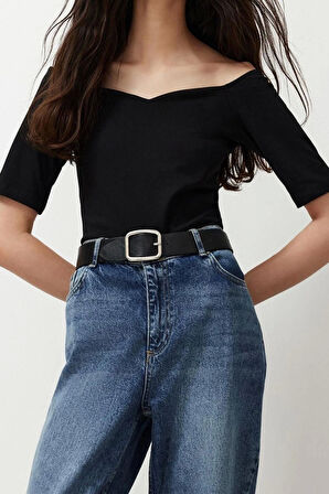 Moda Kalp Yaka Örme Slim Düz Desen Casual Günlük Regular Kısa Kol Bluz