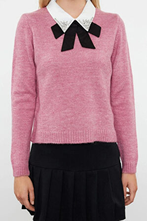 Stil Modern Kadın Regular Standart Kol Polo Yaka Yumuşak Dokulu Garnili Kurdeleli Taşlı Triko Kazak