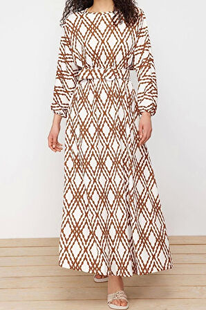 Moda Regular Casual Günlük Crinkle Dokuma Bisiklet Yaka Uzun Kol Skater Maxi Boy Tesettür Elbise