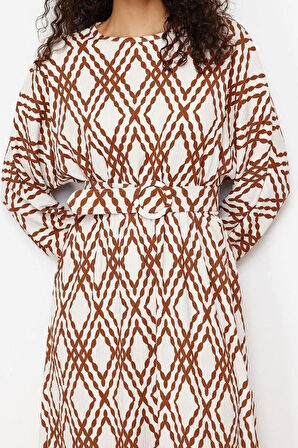 Moda Regular Casual Günlük Crinkle Dokuma Bisiklet Yaka Uzun Kol Skater Maxi Boy Tesettür Elbise