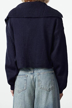 Kadın Modern Tarz Oversize Devrik Yaka Crop Triko Hırka