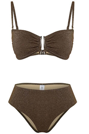 Moda Düz Straplez Yüksek Bel Straplez Aksesuarlı Simli Premium Kumaşlı Brazilian Bikini Takımı