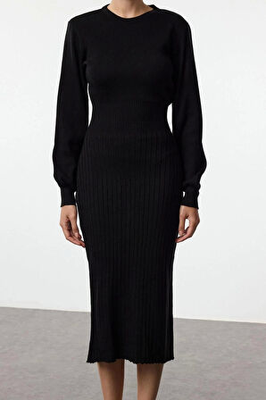 Moda Stil Regular Bisiklet Yaka Midi Boy Triko A-Line Formda Elbise