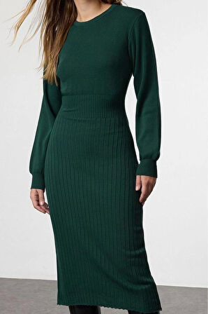 Moda Stil Regular Bisiklet Yaka Midi Boy Triko A-Line Formda Elbise