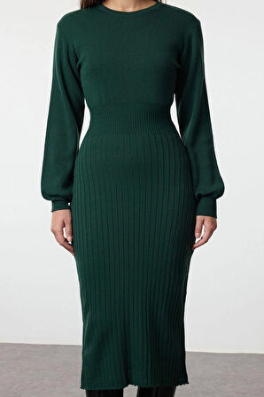 Moda Stil Regular Bisiklet Yaka Midi Boy Triko A-Line Formda Elbise