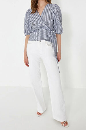 Moda V Yaka Dokuma Regular Düz Desen Casual Günlük Regular Kısa Kol Bluz