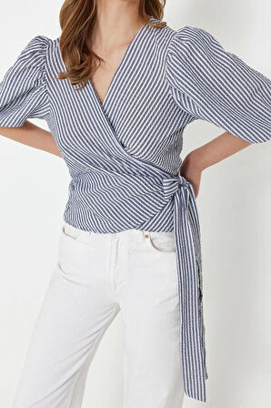 Moda V Yaka Dokuma Regular Düz Desen Casual Günlük Regular Kısa Kol Bluz