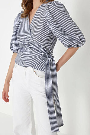 Moda V Yaka Dokuma Regular Düz Desen Casual Günlük Regular Kısa Kol Bluz