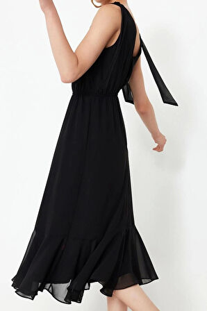 Moda Stil Regular V Yaka Maxi Boy A Kesim Beli Lastikli Şifon Astarlı Dokuma Elbise