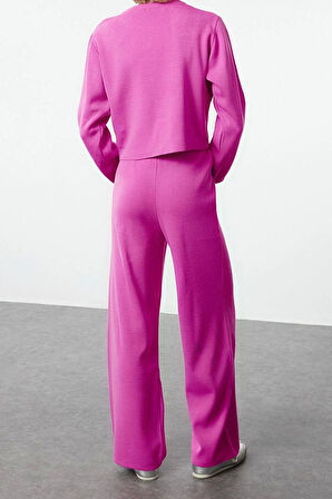 Tarz Kadın Modern Moda Normal Bel Boru Paça Bisiklet Yaka Crop Hırka-Pantalon Triko Alt-Üst Takım