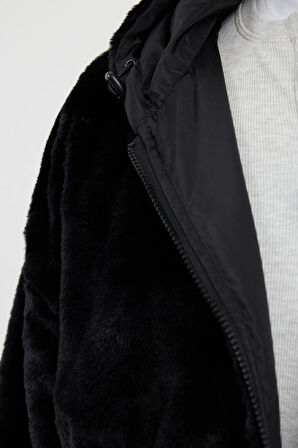 Tasarım Düz Astarlı Yaka Standart Relaxed Kapüşonlu Unisex İçi Peluşlu Giyilebilen Kapüşonlu Mont