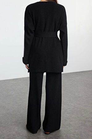 Tarz Kadın Modern Moda Normal Bel Boru Paça V Yaka Midi Boy Triko Alt-Üst Takım