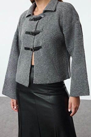 Stil Modern Kadın Regular Standart Kol Polo Yaka Buklet Mont Görünümlü Triko Hırka