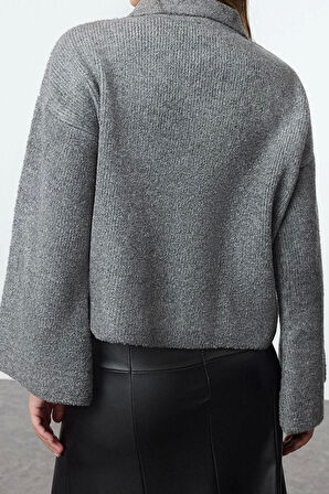 Stil Modern Kadın Regular Standart Kol Polo Yaka Buklet Mont Görünümlü Triko Hırka