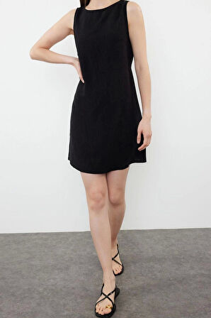 Moda Regular Gündüz Gece Keten Karışımlı Dokuma Bisiklet Yaka Askılı Kol A-Line Mini Boy Elbise