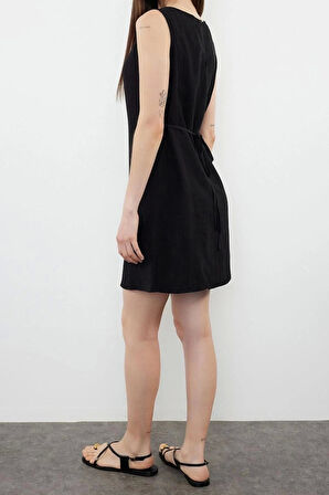 Moda Regular Gündüz Gece Keten Karışımlı Dokuma Bisiklet Yaka Askılı Kol A-Line Mini Boy Elbise