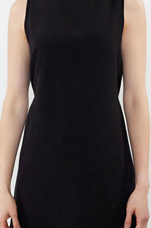 Moda Regular Gündüz Gece Keten Karışımlı Dokuma Bisiklet Yaka Askılı Kol A-Line Mini Boy Elbise