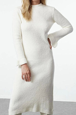 Moda Stil Regular Bisiklet Yaka Midi Boy Triko Buklet Elbise