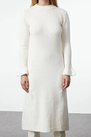 Moda Stil Regular Bisiklet Yaka Midi Boy Triko Buklet Elbise
