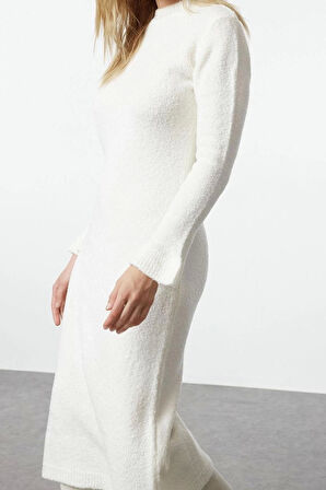 Moda Stil Regular Bisiklet Yaka Midi Boy Triko Buklet Elbise