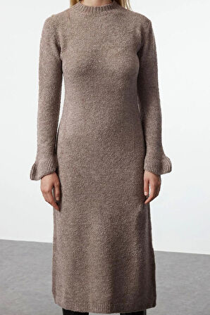 Moda Stil Regular Bisiklet Yaka Midi Boy Triko Buklet Elbise