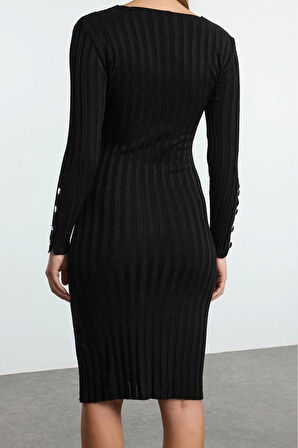 Moda Stil Regular V Yaka Midi Boy Triko Basic Elbise