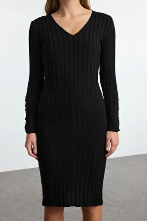 Moda Stil Regular V Yaka Midi Boy Triko Basic Elbise
