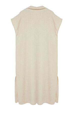 Moda Oversize Günlük Keten Görünümlü Dokuma Gömlek Yaka Kısa Kol A-Line Midi Boy Büyük Beden Elbise