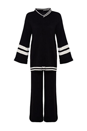 Moda Renk Bloklu Düşük Kol Casual Günlük Indigo Renk Bloklu Çizgili Triko Alt-Üst Takım