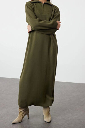 Moda Rahat Casual Günlük Çift Plaka Triko Dik Yaka Uzun Kol Shift Maxi Boy Tesettür Elbise