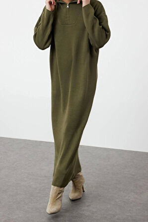 Moda Rahat Casual Günlük Çift Plaka Triko Dik Yaka Uzun Kol Shift Maxi Boy Tesettür Elbise