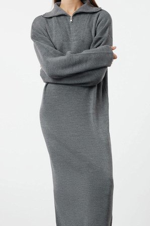 Moda Rahat Casual Günlük Çift Plaka Triko Dik Yaka Uzun Kol Shift Maxi Boy Tesettür Elbise