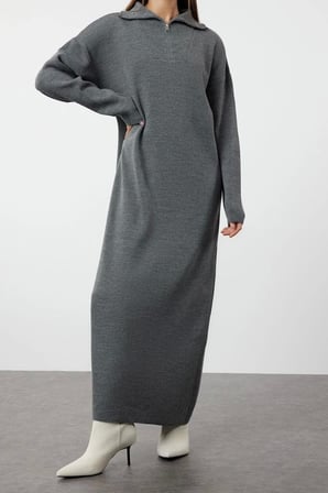 Moda Rahat Casual Günlük Çift Plaka Triko Dik Yaka Uzun Kol Shift Maxi Boy Tesettür Elbise