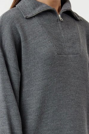 Moda Rahat Casual Günlük Çift Plaka Triko Dik Yaka Uzun Kol Shift Maxi Boy Tesettür Elbise