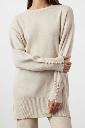 Kadın Modern Tarz Rahat Uzun Bisiklet Yaka Düz Kol Regular Triko Kazak