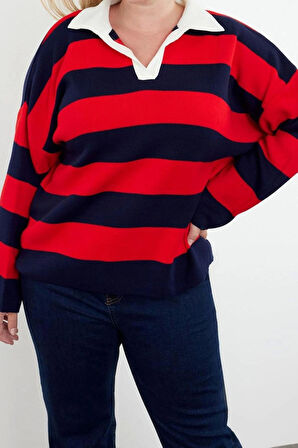 Büyük Beden Kadın Modern Tarz Rahat Uzun Polo Yaka Çizgili Kol Regular Triko Kazak