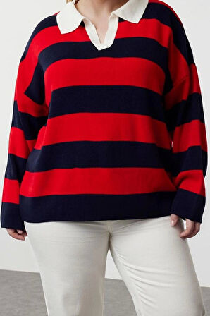 Büyük Beden Kadın Modern Tarz Rahat Uzun Polo Yaka Çizgili Kol Regular Triko Kazak