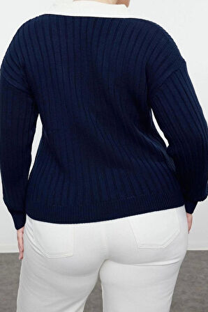 Büyük Beden Kadın Modern Tarz Rahat Uzun Gömlek Yaka Düz Kol Regular Triko Hırka