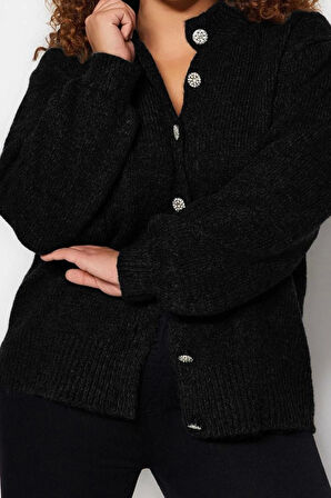 Büyük Beden Kadın Modern Tarz Rahat Uzun Bisiklet Yaka Düz Kol Regular Triko Hırka