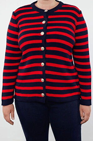 Büyük Beden Kadın Modern Tarz Rahat Uzun Bisiklet Yaka Çizgili Kol Regular Triko Hırka