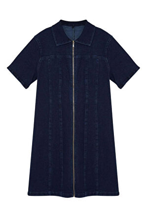 Moda Fit Casual Günlük Comfort Denim Gömlek Yaka Kısa Kol Bodycone Mini Boy Büyük Beden Elbise